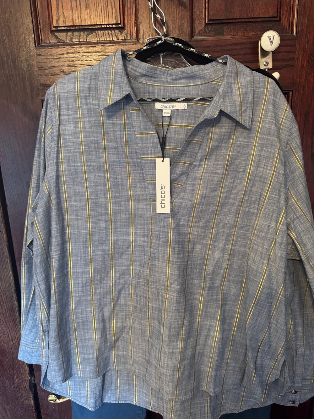 Chico's Blue and Yellow Gold Stripe Casual Button-Down Chambray Shirt